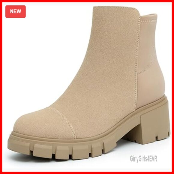 Shoes - Platform Chelsea Booties with Side Zipper, Chunky Heel, Lug Sole